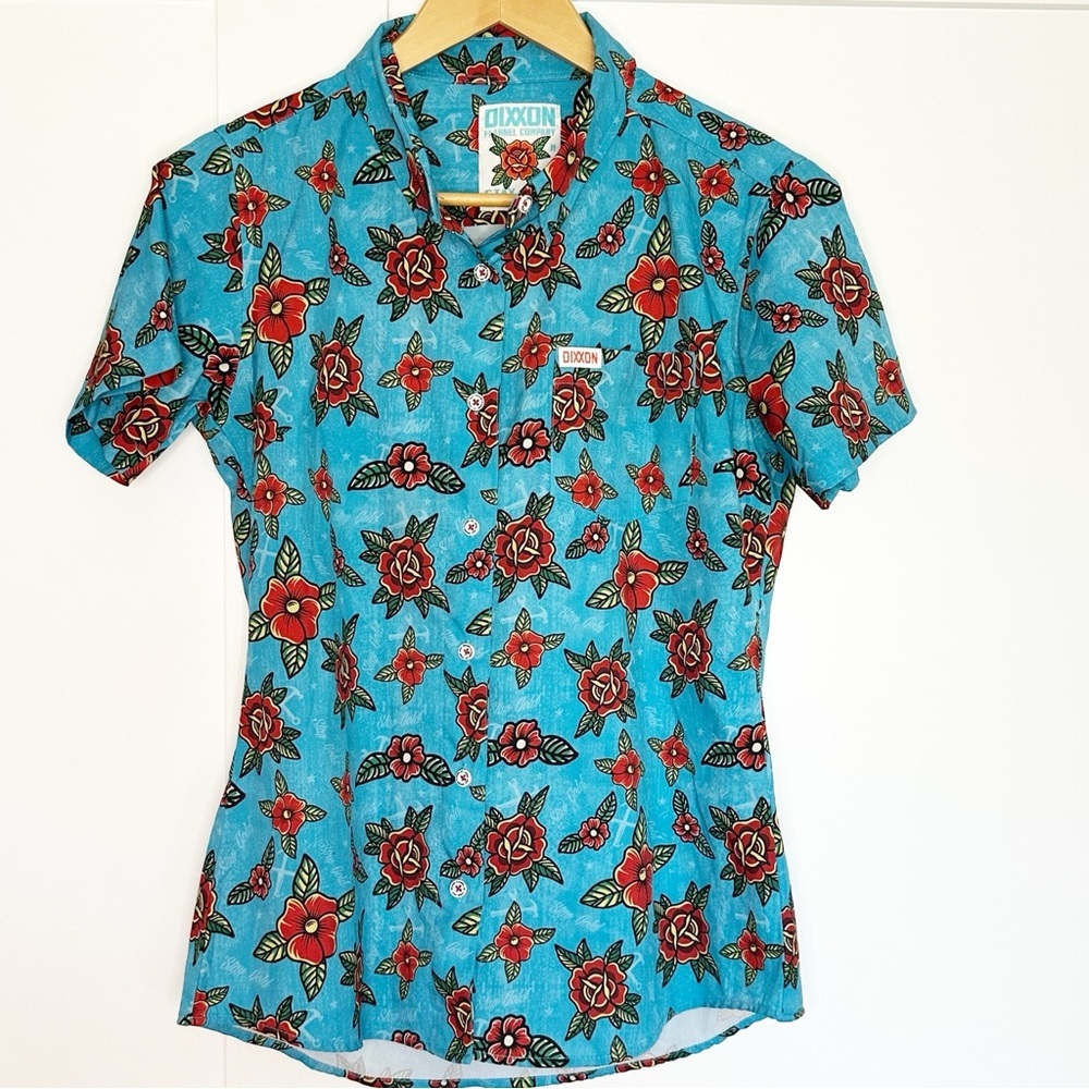Dixxon Stay Gold Party Shirt Medium women’s Hawaiian blue red floral button up - Picture 5 of 12